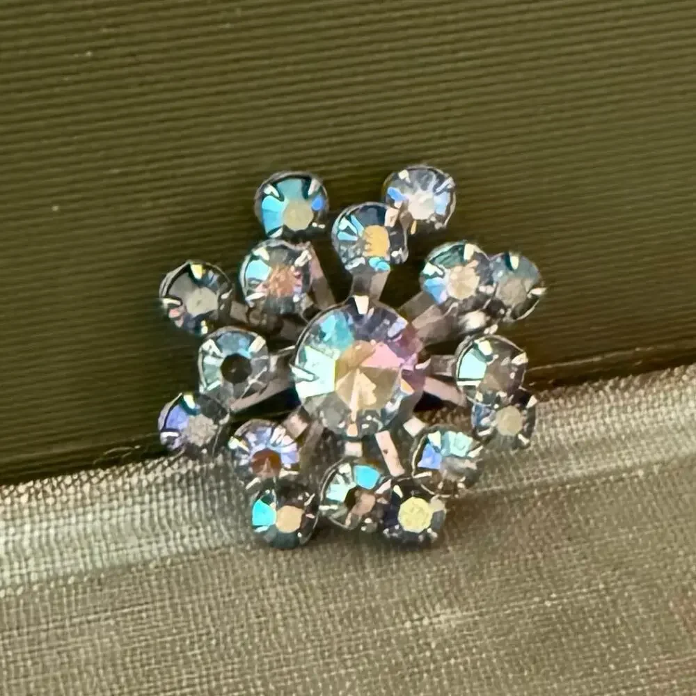 Vintage AB Rhinestone Brooch – Round Floral Cluster – 1”